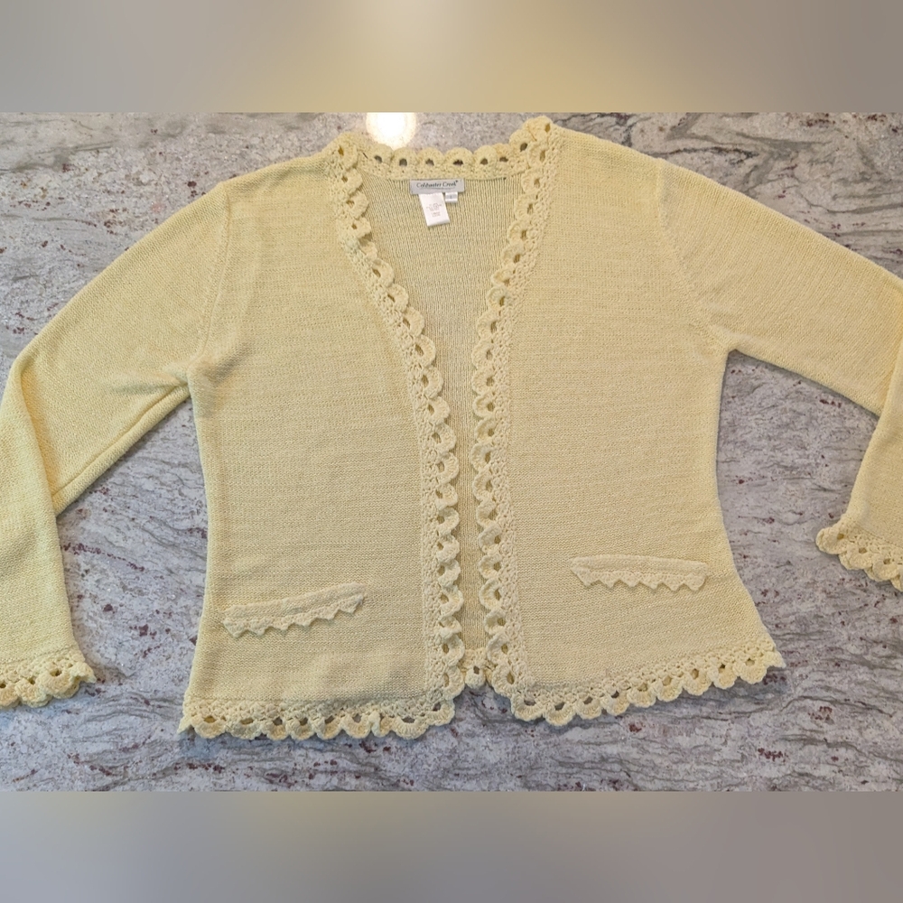 Coldwater Creek Cardigan Shabby Chic Sweater Size Large Yellow Knit No Buttons